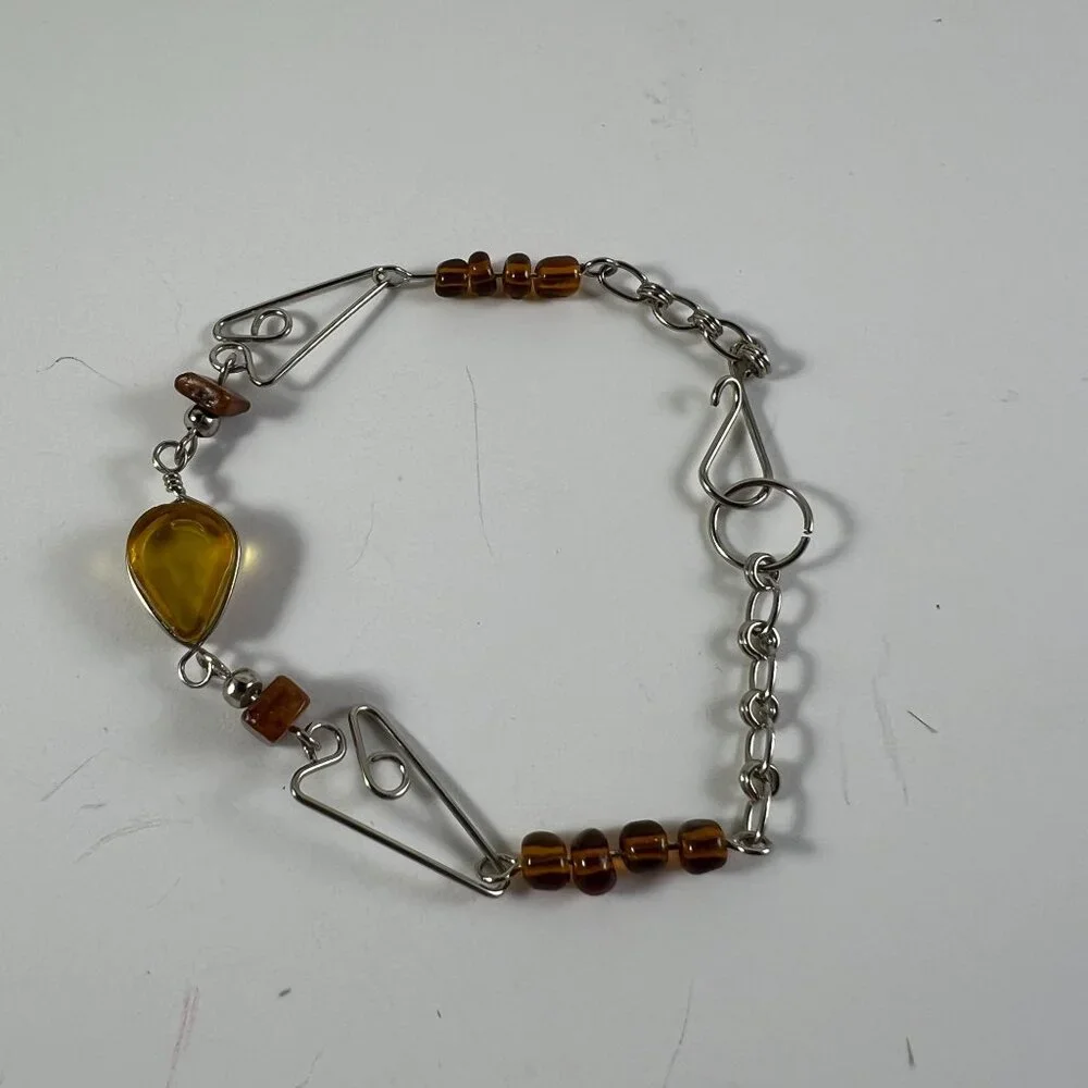 Handcrafted Silver Chain Bracelet With Amber-Colored Beads & Teardrop Pendant